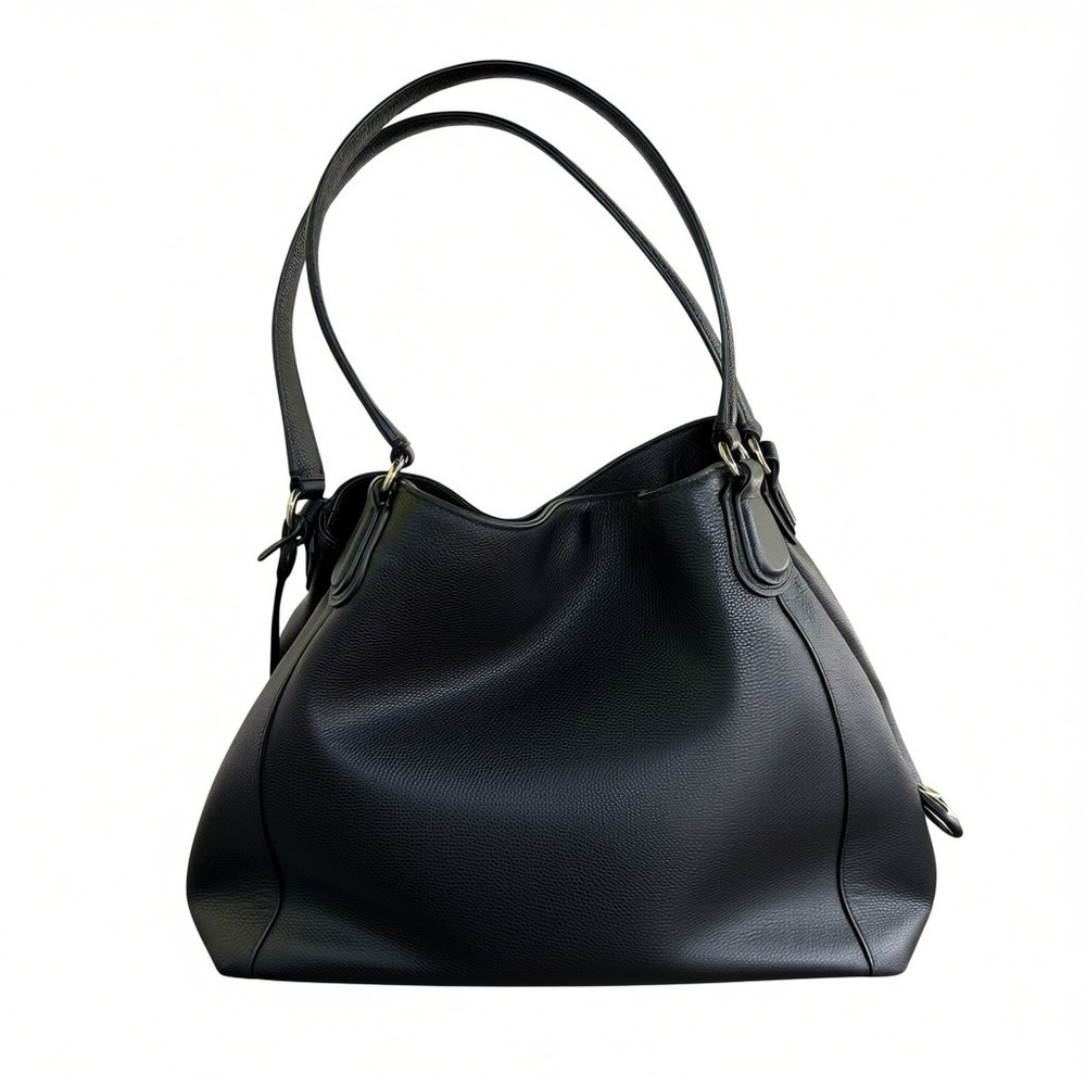 Coach Edie 31 Black Pebbled Leather Hobo Shoulder Bag Gold Logo Large - Picture 2 of 11